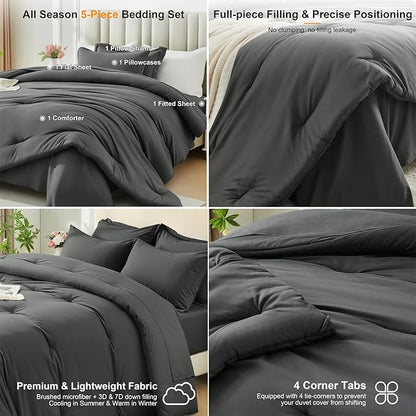 Twin Comforter Set 5 Pieces - Ultra-Soft Bed in a Bag Twin Size, Cozy Luxury All Season Bedding Sets with Comforter, Flat Sheet, Fitted Sheet, 1 Pillow Shams & 1 Pillowcases, Dark Gray