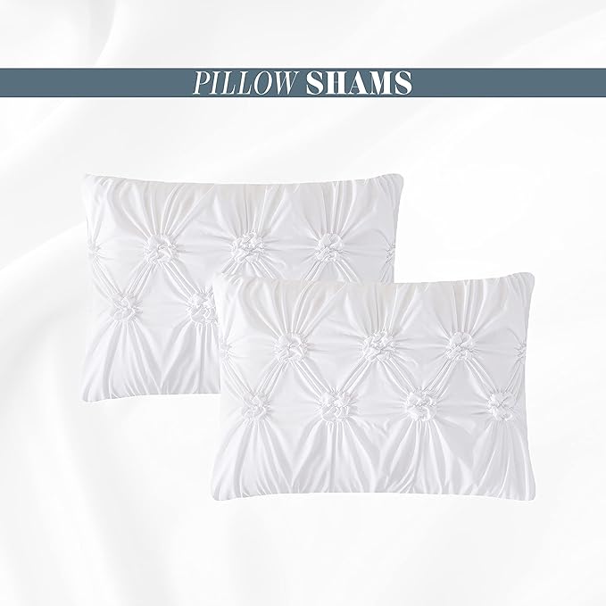 Elegant Comfort 12-Piece Bed-in-a-Bag, Ella Pleated Ruched Pintuck Comforter Set, 6-Piece Sheet Set Featuring Smart Pockets, Matching Decorative Pillows, All Season Bedding, Full, White