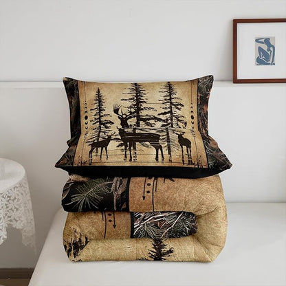 Erosebridal Camo Deer Queen Comforter Set for Kids Boys Teen,Tree Branches Camouflage Hunting Bedding Set Woodland Animal Quilt Comforter Retro Pine Tree Wildlife Quilt Set 3 Pcs Bedroom Decor