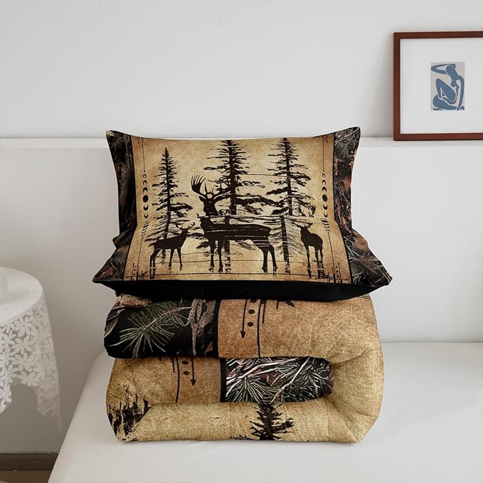 Erosebridal Camo Deer Twin Comforter Set for Kids Boys Teen,Tree Branches Camouflage Hunting Bedding Set Woodland Animal Quilt Comforter Retro Pine Tree Wildlife Quilt Set 2 Pcs Bedroom Decor