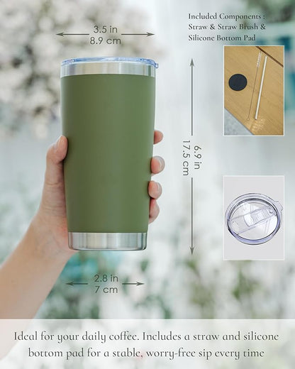 Travel Coffee Tumbler 20oz, 4 Pack Leakproof Travel Coffee Mug with Lid and Straw, Stainless Steel Double Wall Vacuum Insulated Tumbler for Hot/Iced Drinks (Army Green, Textured Matte)