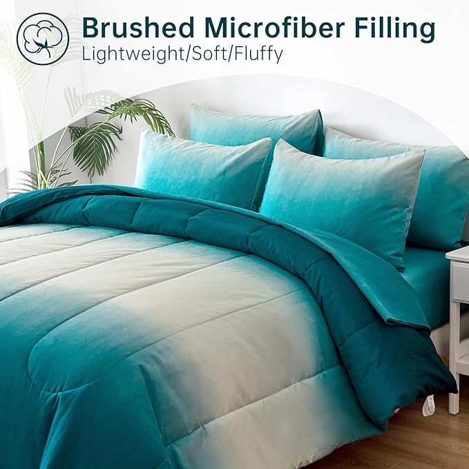 Anibedding Teal Comforter Set Queen 7 Pieces Gradient Teal Bed in a Bag Queen Size Set, All Season Down Alternative Complete Bedding Set Flat/Fitted Sheet, Pillowcases Pillow Shams