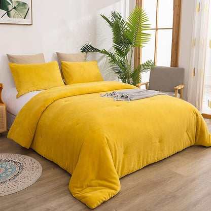 Cottonight Mustard Yellow Velvet Comforter Set Queen Plush Flannel Fluffy Yellow Bedding Comforter Set Micromink Sherpa Warm Heavyweight Winter Comforter for Women Men Adults Teens