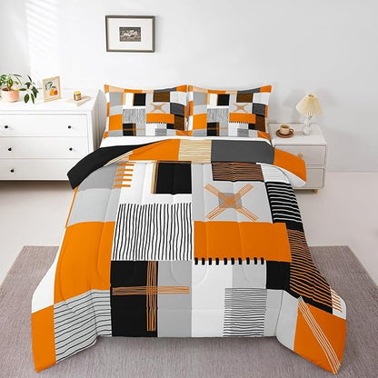 Erosebridal Orange Grey Comforter Set Full Black White Abstract Bedding Set for Kids Teen Adults Geometric Square Quilt Grids Checkered Duvet Insert Modern Fashion Room Decor 3 Pcs