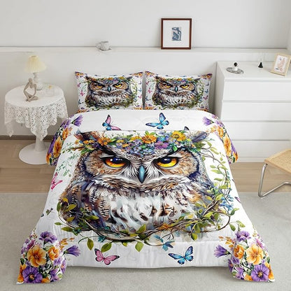Owl Kids Comforter Set Toddler Size,Jungle Exotic Birds Bedding Set,Boys Girls Men Room Decor,Watercolor Flowers Leaces Down Comforter,Pink Blue Butterfly Duvet Insert,1 Pillowcase