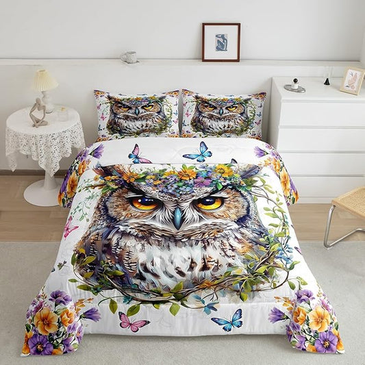 Owl Kids Comforter Set Full Size,Jungle Exotic Birds Bedding Set,Boys Girls Men Room Decor,Watercolor Flowers Leaces Down Comforter,Pink Blue Butterfly Duvet Insert,2 Pillowcases