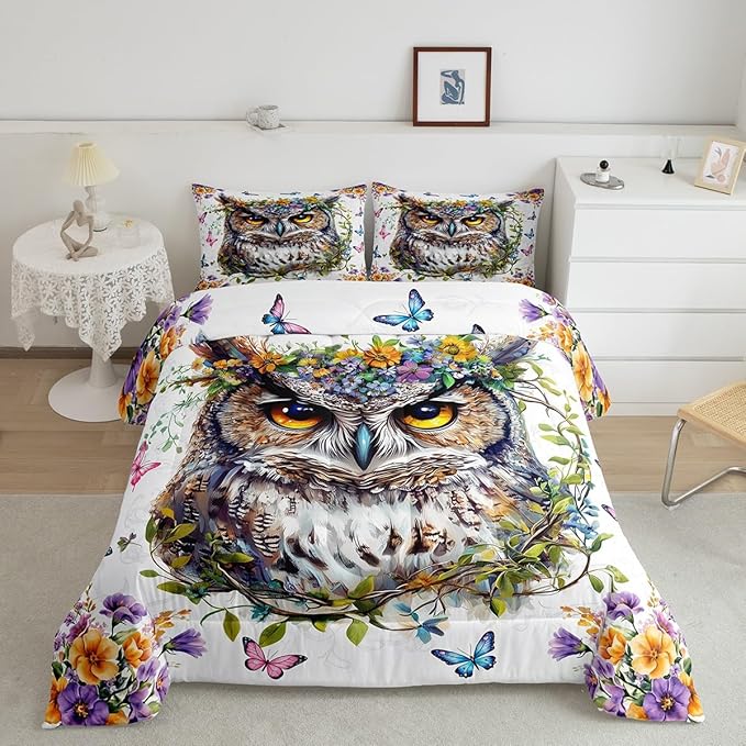 Owl Kids Comforter Set Queen Size,Jungle Exotic Birds Bedding Set,Boys Girls Men Room Decor,Watercolor Flowers Leaces Down Comforter,Pink Blue Butterfly Duvet Insert,2 Pillowcases