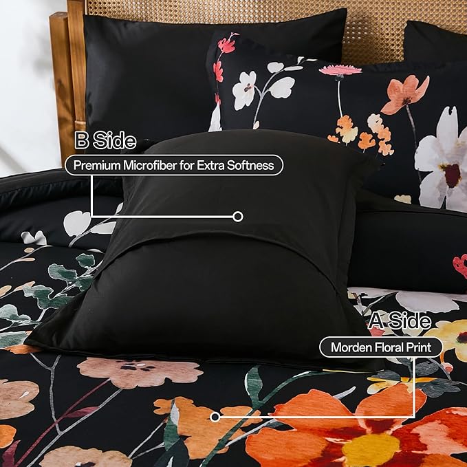 Anibedding 8Pieces Queen Comforter Set, Black Watercolor Floral Queen Size Bed in a Bag Comforter Set with Pillowcase, Sheets for All Season