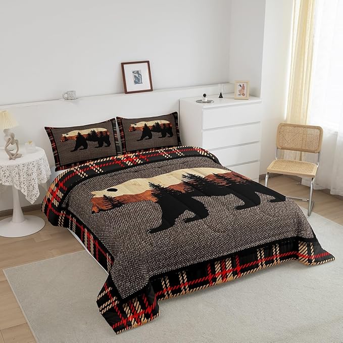 Erosebridal Hunting Bear Comforter Set Queen,Rustic Farmhouse Bedding Comforter Set,Buffalo Plaid Grid Bedding Set for Boys Girls,Kids Woodland Wild Animals Duvet Set Cabin Lodge Decor,Orange Grey