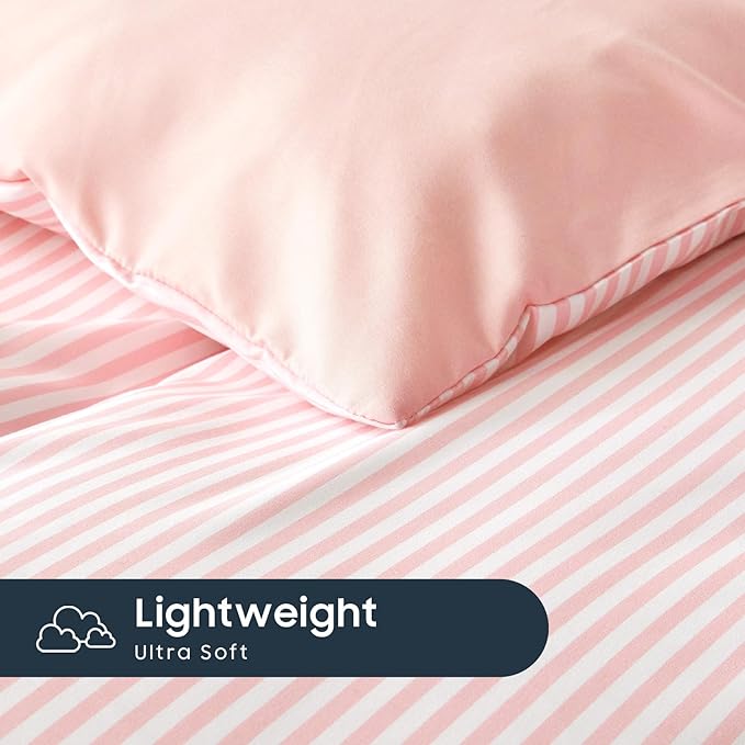 Wake In Cloud - Striped Comforter Set with Sheets, Ticking Stripe Vertical Pinstripe Neutral Farmhouse Pattern Printed, 5 Pieces Bed in a Bag, Pink White, Twin Size