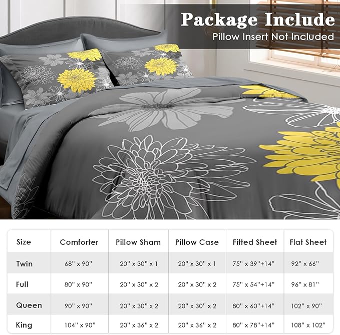 Comforter Set Queen Size, Vintage Flower 7 Pcs Bedding for Kids and Adults, Yellow Botanical Floral Bed Sheet Sets with Fitted Sheet 2 Pillowcases & 2 Shams
