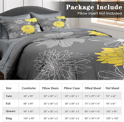 Comforter Set Queen Size, Vintage Flower 7 Pcs Bedding for Kids and Adults, Yellow Botanical Floral Bed Sheet Sets with Fitted Sheet 2 Pillowcases & 2 Shams