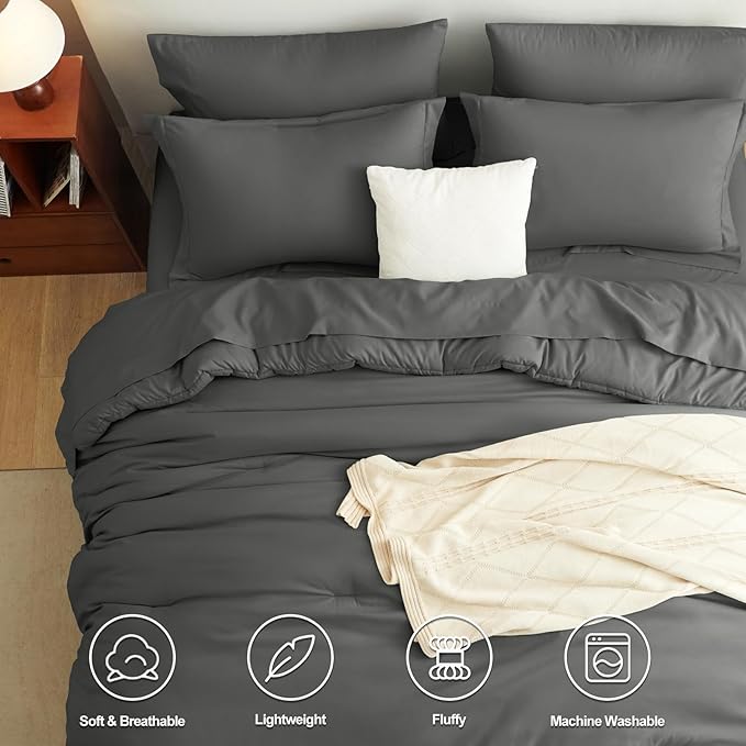 CozyLux Oversized King Comforter Set Dark Grey, 7 Pieces Bed in a Bag Comforter Set with Sheets, Soft Bedding Sets with Down Alternative Comforter, Fitted Sheet, Flat Sheet, Pillowcases and Shams