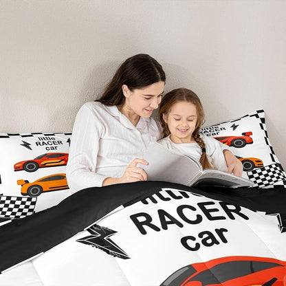 jejeloiu Boys Cartoon Racer Car Bedding Set Twin Size Black White Checkerboard Comforter Set for Kids Red Orange Duvet Set Cute Car Quilt Set 2Pcs