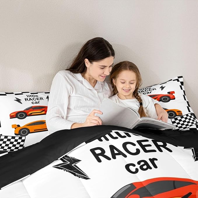 jejeloiu Boys Cartoon Racer Car Bedding Set Toddle Size Black White Checkerboard Comforter Set for Kids Red Orange Duvet Set Cute Car Quilt Set 2Pcs