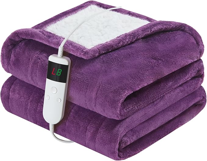 Electric Heated Blanket Twin Size 62''x84'' Soft Flannel & Sherpa Electric Blanket with 10 Heating Levels, Automatically Shut Down After 8h with Overheat Protection Machine Washable