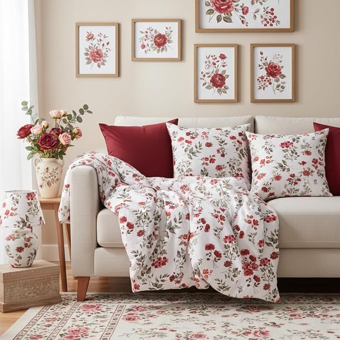 Nayoroom Vintage Floral Comforter Set Queen Size Watercolor Red Flower Botanical Leaf Pattern Spring Bedding Set 3 Pieces Soft Lightweight Aesthetic Garden Comforter for All Seasons