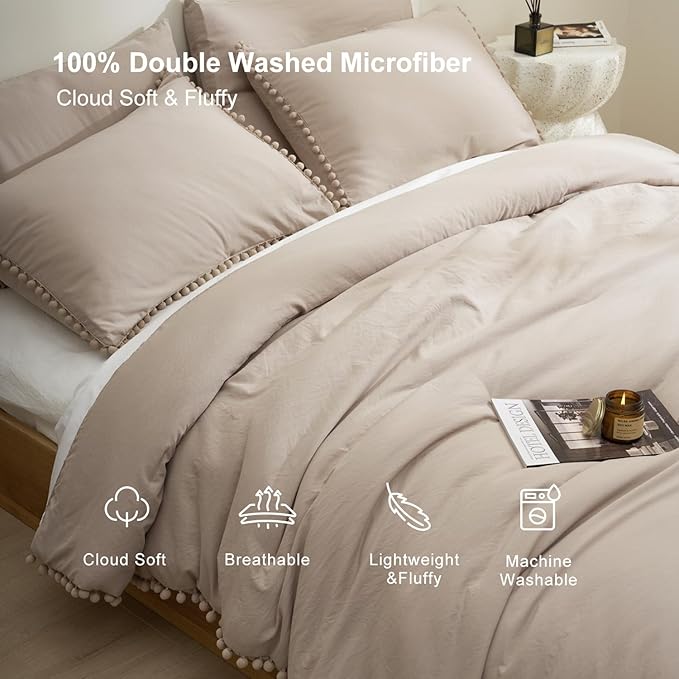 MUKKA Boho Pom Pom Fringe Comforter Set 5-Piece Full Size Khaki, Boho Bedding Comforter Set Taupe with 2 Pillowcases, 2 Pillowshams