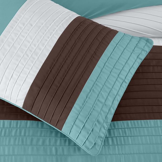 Chezmoi Collection Briar 7-Piece California King Bed in a Bag - All Season Lightweight Microfiber Comforter Set - Includes Sheets & Shams - Blue/Brown/Beige Pleated Stripe Design