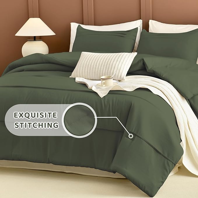 Sanracie King Comforter Set(106"x 95"), Cotton Olive Green Color Pinch Pleated Bedding Sets,3Pcs Lightweight Breathable Neutral Comforter Sets for All Season