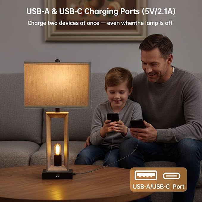 Farmhouse Wood Table Lamps for Living Room Set of 2, 3 Color Temperature Adjustable & USB-A/C Charging Ports Nightstand Lamps, 4 LED Bulbs Included