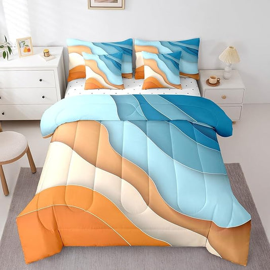 Erosebridal Blue Orange Ombre Queen Comforter Set 7 Pieces Kids Teens Adults Geometric Stripe Bedding Comforter Sets, Aesthetic Wave Bed in a Bag Modern Abstract Bedding Set, Gradient Bed Sheets Set
