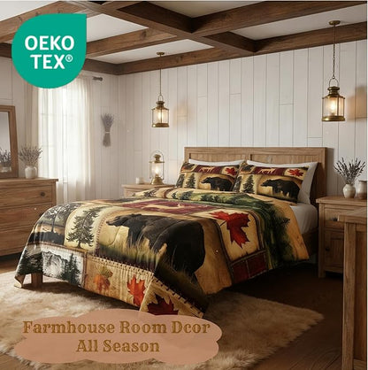 Rustic Farmhouse Bedding Comforter Sets Queen, Country Cabin Lodge Bedding Set, Hunting Bear Wildlife Comforter for Bedroom, Maple Leaves Duvet Insert, Woodland Rustic Bedding All Season, Red Brown