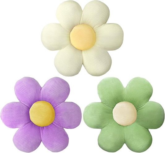 Sratte 3 Pcs Flower Pillows Flower Shaped Throw Pillows Cute Daisy Plush Pillow Decorative Floor Pillow Seat Cushion for Bedroom Home Sofa Chair Couch Decor(Green, Lavender, White,23.62")