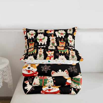 Castle Fairy Christmas Pets King Size Comforter/Duvet Set,Cute Puppy Dog Animal Ultra Soft Bed Collection,Merry Christmas Theme Bedding for Room Decor 3 Pcs,Microfiber Breathable