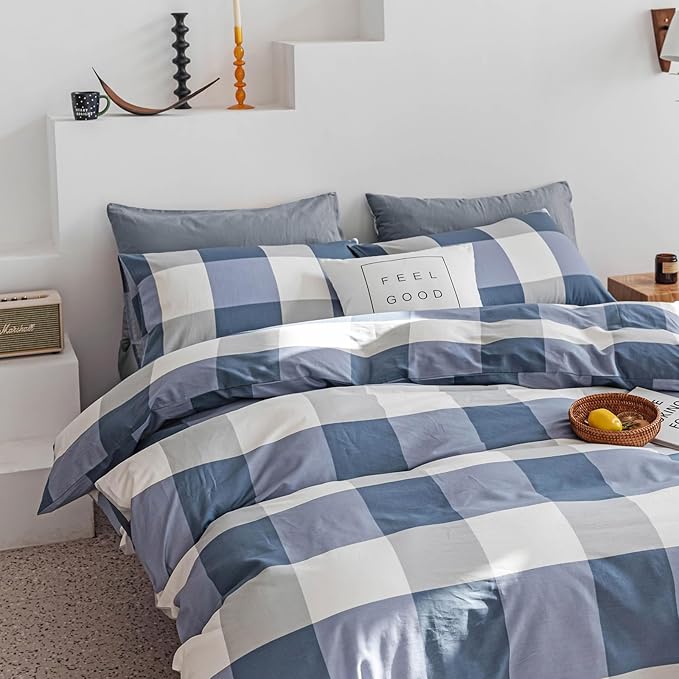 HighBuy Twin XL Comforter Set White Blue Modern Buffalo Plaid Comforter Sets Men Boy Geometric Checkered Grid Pattern Bedding Comforter Set Soft Fluffy Gingham Bedding Set Comforter Sets Twin XL Size