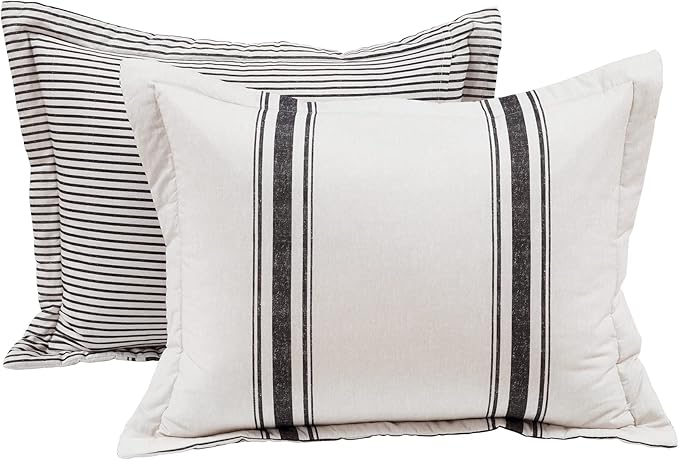 Lush Decor Farmhouse Stripe Reversible Cotton Comforter Set, 3 Piece Set, King, Black - Cozy Farmhouse Bedding Set - Rustic Decor - Striped Comforter - Modern Farmhouse Bedroom Decor