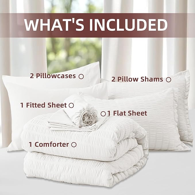 FUANNA King Size Comforter Set 7 Pieces, Luxury Seersucker Bed in a Bag King for All Seasons, Soft King Bedding Set with Comforter, Flat Sheet, Fitted Sheet, Pillowcases & Shams for Bedroom, White