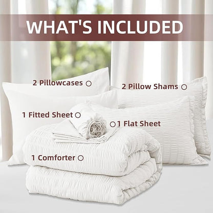 FUANNA Full Size Comforter Sets 7 Pieces, Luxury Seersucker Bed in a Bag Full for All Seasons, Soft Bed Sets with Comforter, Flat Sheet, Fitted Sheet, Pillowcases & Shams for Bedroom, White