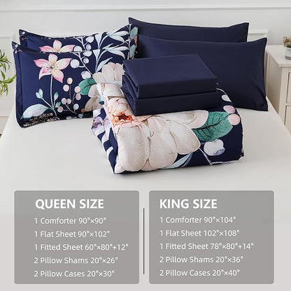 Drucon Navy Blue Comforter Set King Size - 7 Pieces Floral Bedding Sets, Soft Botanical Flowers Comforter Bed in a Bag with Sheets, Pillowcases & Shams