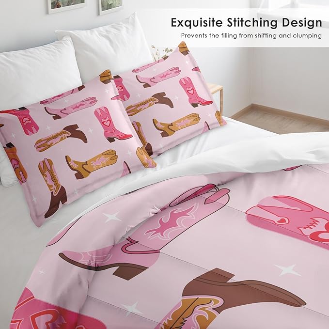 Comforter Set Queen Size, Retro Cowgirl Western Soft 3 Pcs Bedding for Kids and Adults, Vintage Cowboy Aesthetic Comforter Set with 2 Pillowcases, for Bedroom Bed Decor