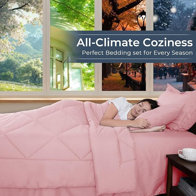 HEVUMYI Pink Twin-XL Comforter Set - 5-Piece All Season Bed in a Bag Twin-XL, Ultra Soft Bedding Set with Comforter, Flat Sheet, Fitted Sheet, Pillowcases, Pillow Shams, Pink
