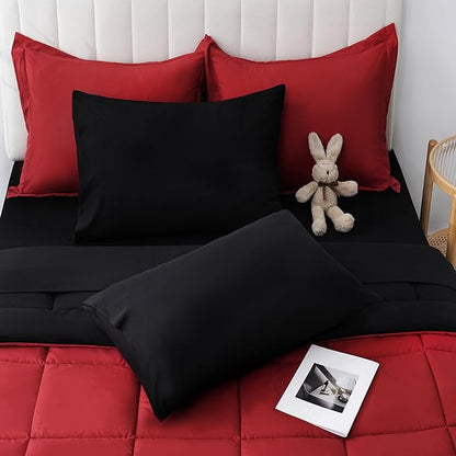 DOWNCOOL Full Size Comforter Sets, 7Pcs Full Size Bedding Sets Red/Black, All Season Down Alternative Bedding Comforter Sets with Comforter, Flat Sheet, Fitted Sheet, 2 Pillow Shams & 2 Pillowcases