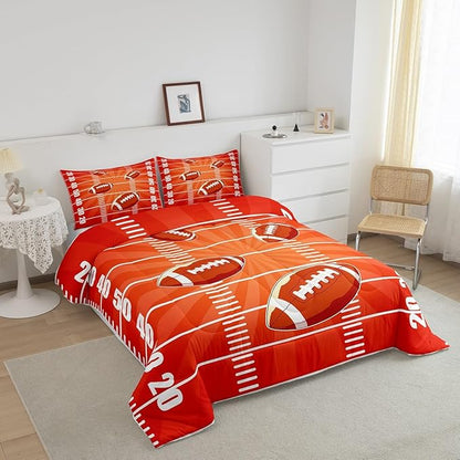 Feelyou Rugby Comforter Set Twin Size Football Comforter for Boys Girls Teens Sports Games Bedding Set Soccer Ball Game Duvet Set Room Decor Dark Orange Quilt Set