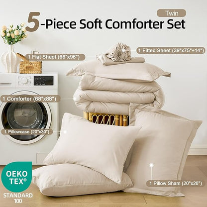 FUANNA Twin Comforter Set Beige, 5 Pieces Soft Twin Size Bedding Sets, All Season Lightweight Bed in a Bag with Comforter, Flat Sheet, Fitted Sheet, Pillowcase & Sham
