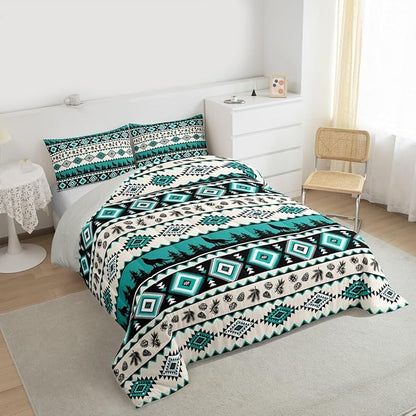 Manfei Aztec Geometric Kids Comforter Set Queen Size,Southwest Tribal Ethnic Bedding Set,Girls Boys Room Decor,Wolf Rustic Cabin Quilt Comforter,Beige Retro Duvet Set Bedroom Quilt Set,2 Pillowcases