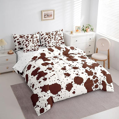 Brown Cow Print Queen Comforter Set 7pcs Farmhouse Animal Bedding Comforter Sets, Wildlife Cowhide Fur Bed in a Bag Modern Abstract Aesthetic Bedding Set, Highland Cow Skin Hair Bed Sheets Set