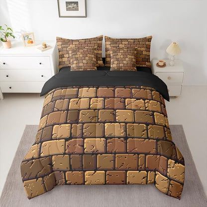 Castle Fairy Miner Square 7 Piece Comforter Set Queen Size,Pixelated Theme All Season Reversible Bed in a Bag Video Games Bedding Sets Brown Pixel Style Flat Sheet,Fitted Sheet,Pillowcases