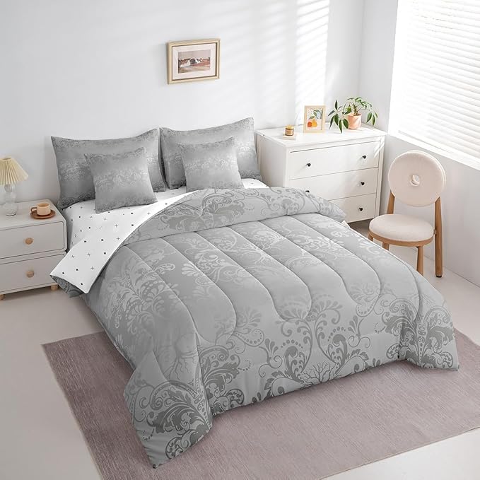 Erosebridal Gothic Damask Bed in a Bag King Size Comforter Set 7 Pieces,Sun Moon Tree of Life Bedding Sets Grey Victorian Floral Goth Sheet Set with Comforter