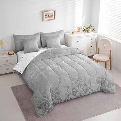 Erosebridal Gothic Damask Bed in a Bag King Size Comforter Set 7 Pieces,Sun Moon Tree of Life Bedding Sets Grey Victorian Floral Goth Sheet Set with Comforter