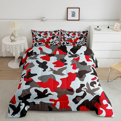 Erosebridal Farmhouse Duvet Insert Full Size Camo Bedding for Kids Army Camouflage Hunting Bedding Comforter Sets Vintage Red Grey Bedroom Decor Wild Animal Duck Rustic Comforter Set