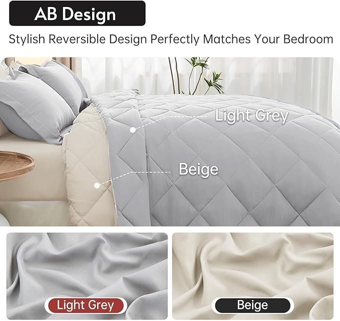 MUXHOMO 7 Pieces King Comforter Set, Reversible Bed in a Bag King Size, All Season Bedding Set with Comforter, Flat Sheet, Fitted Sheet, Pillowcases & Shams, Light Grey & Beige