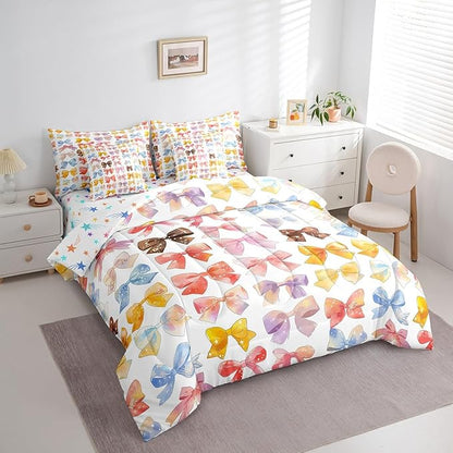 Feelyou Colorful Bow Comforter Set with Sheets Queen Size Kids Bowknot 7 Pieces Bedding Set for Boys Girls Teens Gift for Girls Women Bed in a Bag Breathable Princess Décor Bed Set