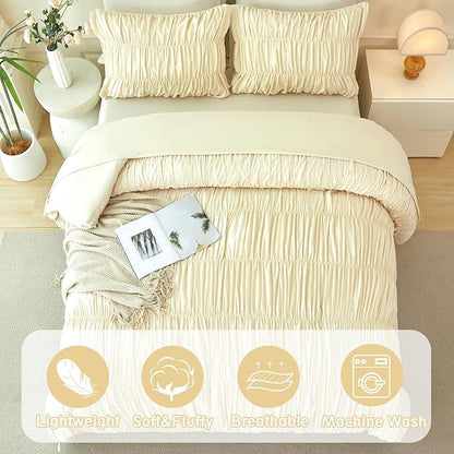 PERFEMET Beige Ruched Comforter Set King Size, 5 Pieces Boho Ruffle Bed in a Bag with Sheets, Soft Fluffy Pleated Texture Bedding Set All Season Lightweight Shabby Chic Bed Set(Beige, King)