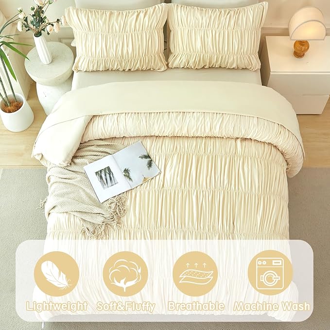 PERFEMET Beige Ruched Comforter Set Full Size, 5 Pieces Boho Ruffle Bed in a Bag with Sheets, Soft Fluffy Pleated Texture Bedding Set All Season Lightweight Shabby Chic Bed Set(Beige, Full)