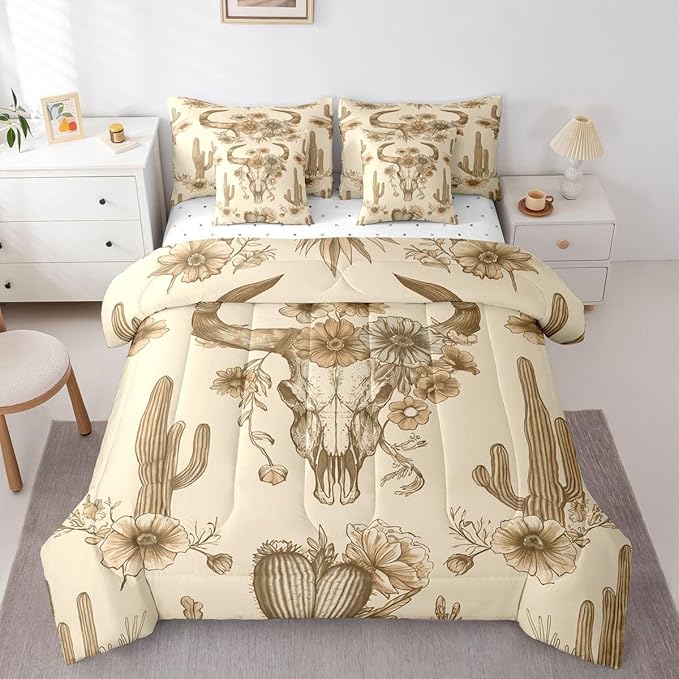 Erosebridal Bull Skull Bed in A Bag King | Ethnic Horns Aztec 7 Piece Comforter Set Tribal Symbol Vintage Bohemian Sheet Set Breathable Lightweight Floral Tropical Cactus Fitted Sheet
